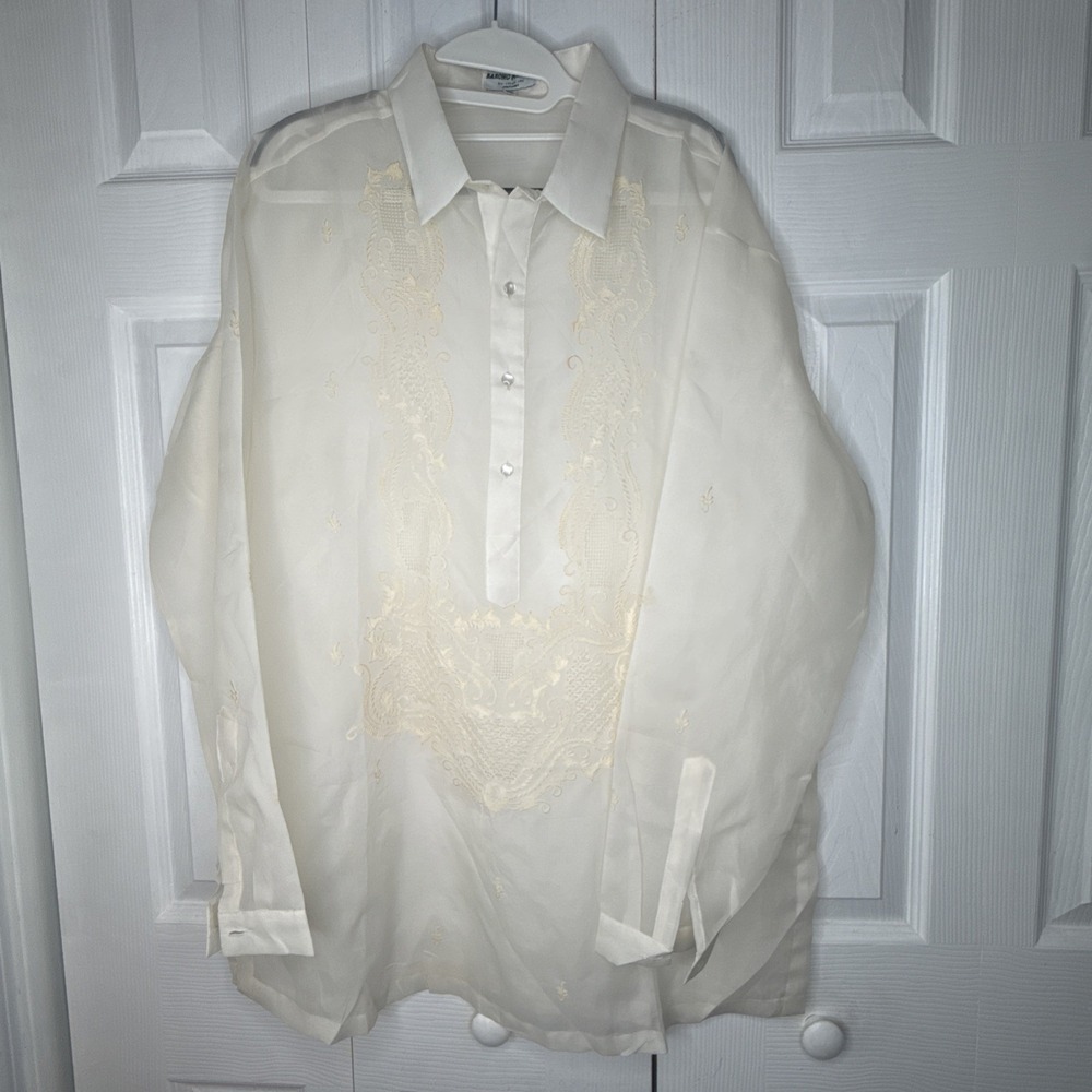 Vintage Barong Pilipino Men XL Off White Embroidered Organza Dress Shirt